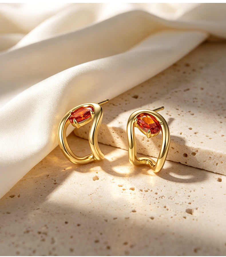 Cubic Zirconia 14K Gold Plated Stud Earrings , Geometric / Modern