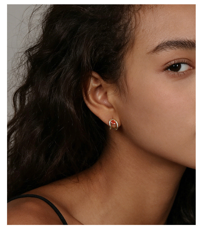 Cubic Zirconia 14K Gold Plated Stud Earrings , Geometric / Modern
