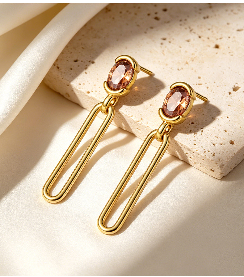 Cubic Zirconia 14K Gold Plated Stud Earrings , Geometric / Modern