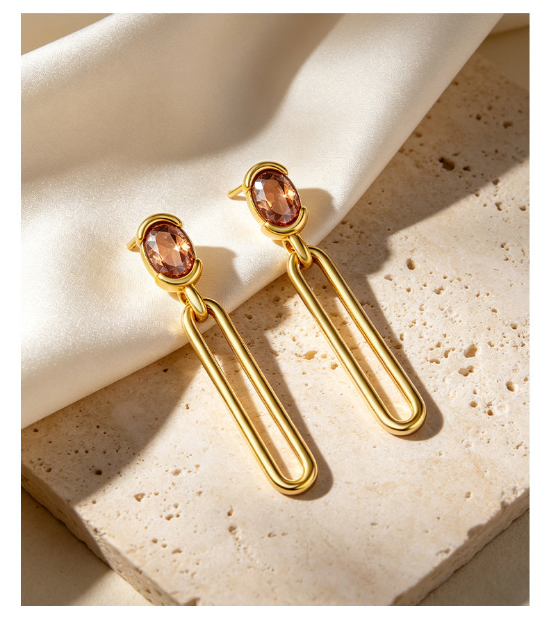 Cubic Zirconia 14K Gold Plated Stud Earrings , Geometric / Modern