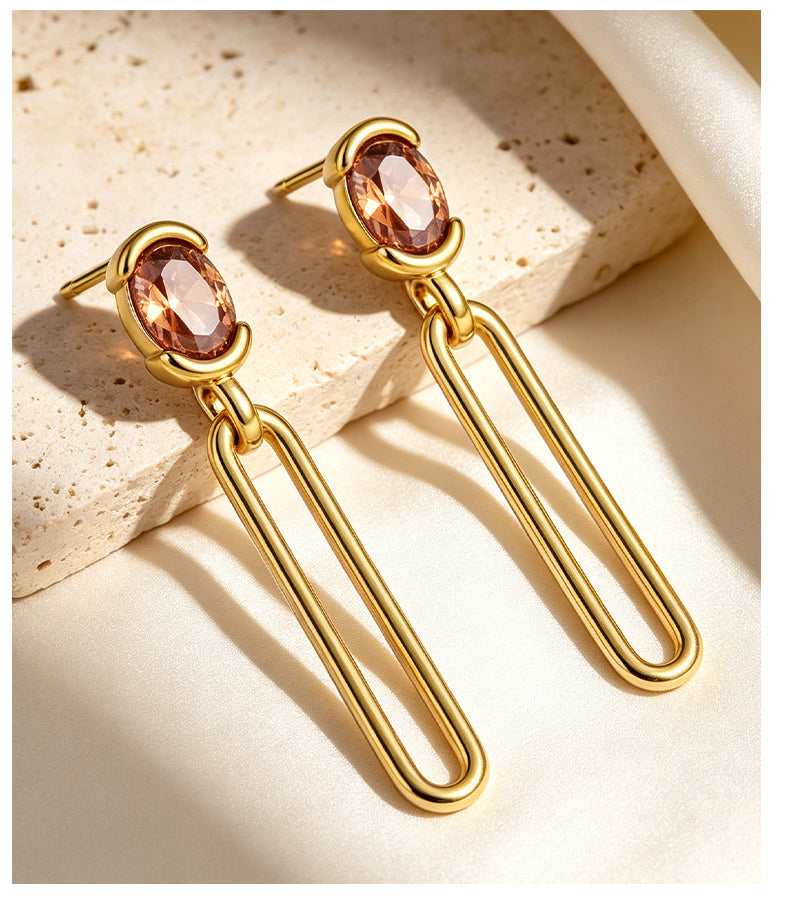 Cubic Zirconia 14K Gold Plated Stud Earrings , Geometric / Modern
