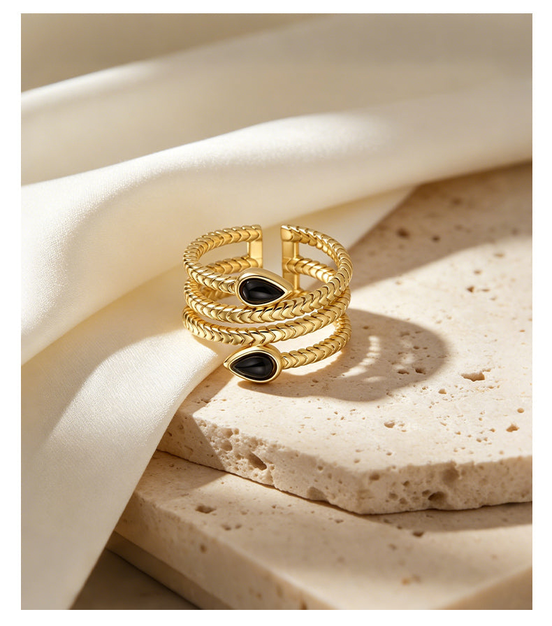 Black Agate 18K Gold Plated Ring Bezel Modern