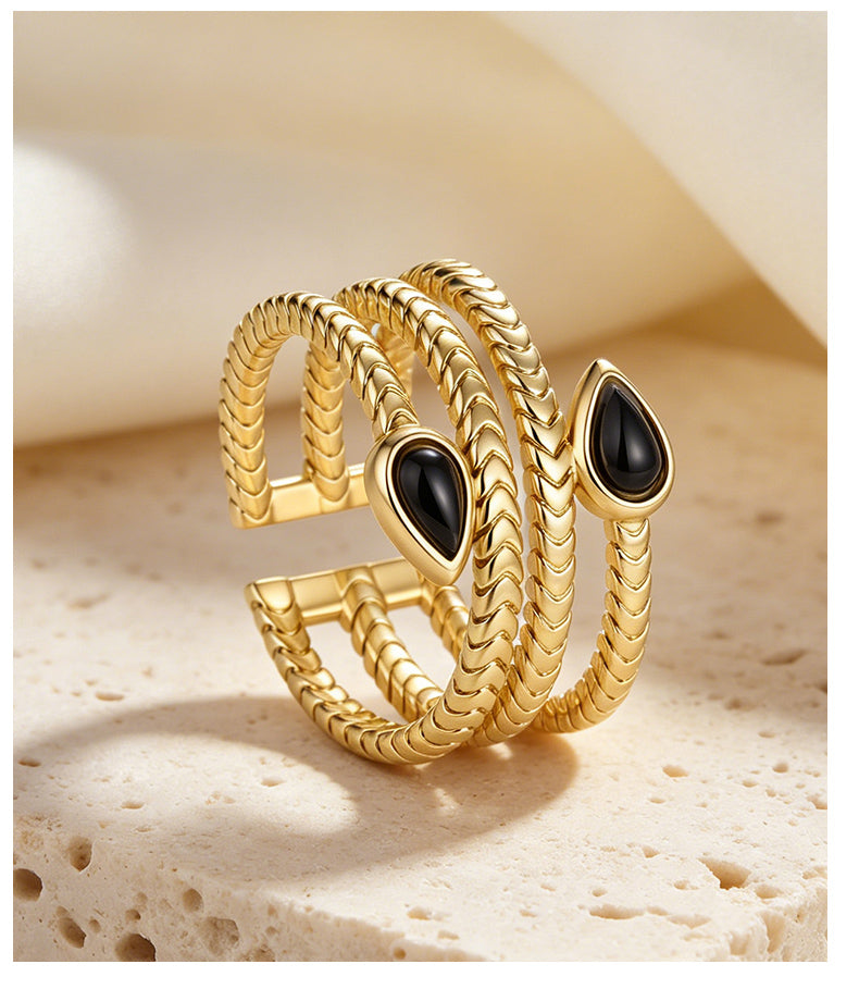 Black Agate 18K Gold Plated Ring Bezel Modern