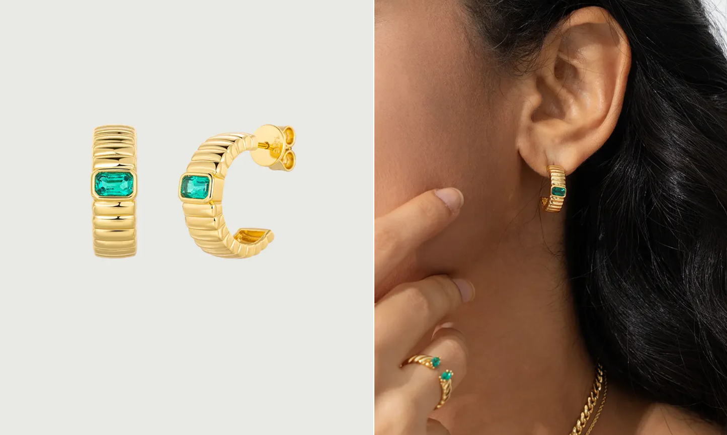 Cubic Zirconia 14K Gold Plated Hoop Drop Earrings Bezel Modern 3